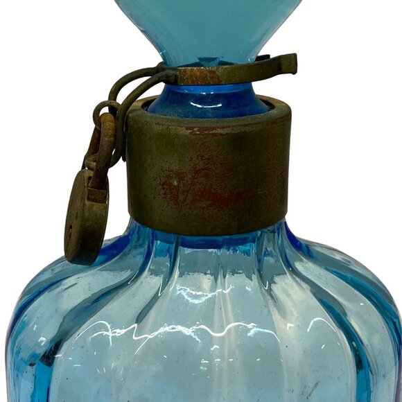 Vtg Blue Glass Apothecary Liquor Bottle UV Reactive Metal Locking Collar Stopper - Picture 6 of 16
